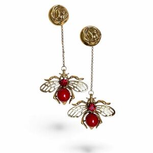 Vintage Bee Drop Earrings with Red Gem & Rose Stud